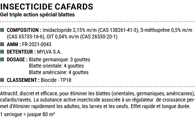 INSECTICIDE CAFARDS Gel triple action sp cial blattes ■ COMPOSITION : Imidaclopride 2,15% m/m (CAS 138261 41 3), S m ...