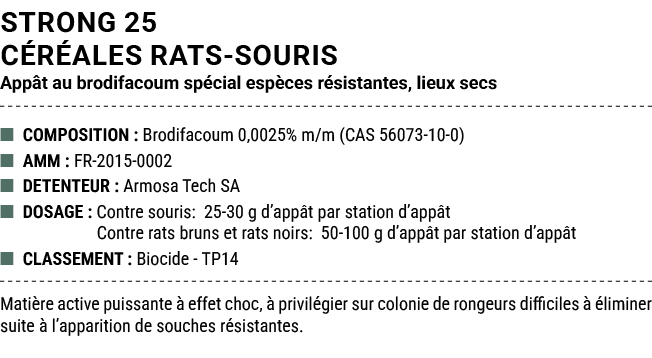 STRONG 25 C R ALES RATS SOURIS App t au brodifacoum sp cial esp ces r sistantes, lieux secs ■ COMPOSITION : Brodifaco...