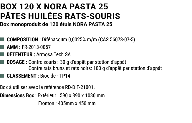 BOX 120 x NORA PASTA 25 P TES HUIL ES RATS SOURIS Box monoproduit de 120 tuis NORA PASTA 25 ■ COMPOSITION : Dif naco...