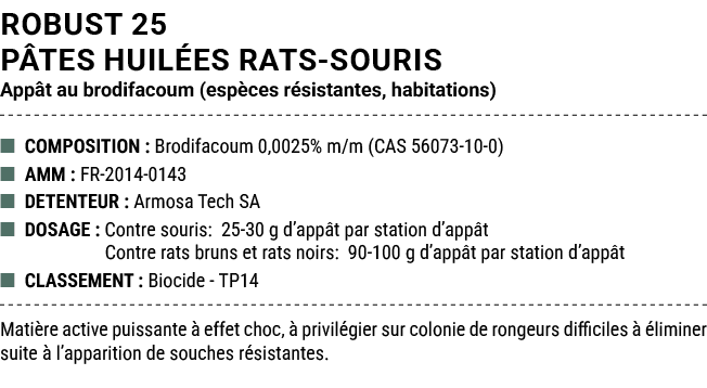 ROBUST 25 P TES HUIL ES RATS SOURIS App t au brodifacoum (esp ces r sistantes, habitations) ■ COMPOSITION : Brodifaco...