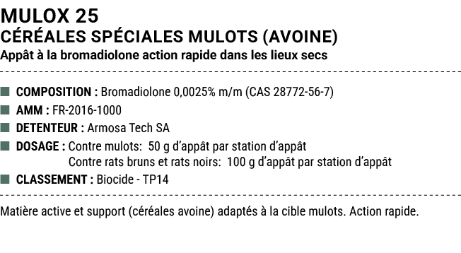 MULOX 25 C R ALES SP CIALES MULOTS (AVOINE) App t  la bromadiolone action rapide dans les lieux secs ■ COMPOSITION :...