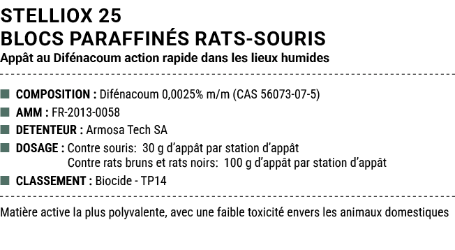 STELLIOX 25 BLOCS PARAFFIN S RATS SOURIS App t au Dif nacoum action rapide dans les lieux humides ■ COMPOSITION : Dif...