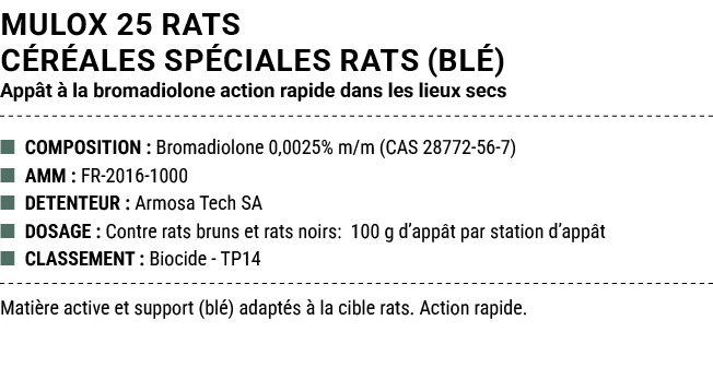 MULOX 25 RATS C R ALES SP CIALES RATS (BL ) App t  la bromadiolone action rapide dans les lieux secs ■ COMPOSITION :...