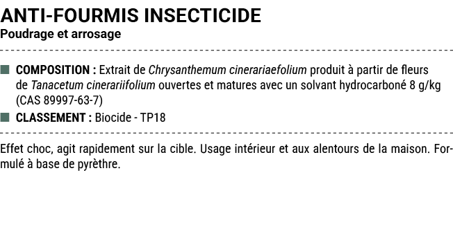 ANTI FOURMIS INSECTICIDE Poudrage et arrosage ■ COMPOSITION : Extrait de Chrysanthemum cinerariaefolium produit  par...