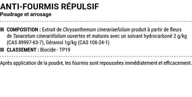 ANTI FOURMIS R PULSIF Poudrage et arrosage ■ COMPOSITION : Extrait de Chrysanthemum cinerariaefolium produit  partir...