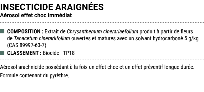 INSECTICIDE ARAIGN ES A rosol effet choc imm diat ■ COMPOSITION : Extrait de Chrysanthemum cinerariaefolium produit ...