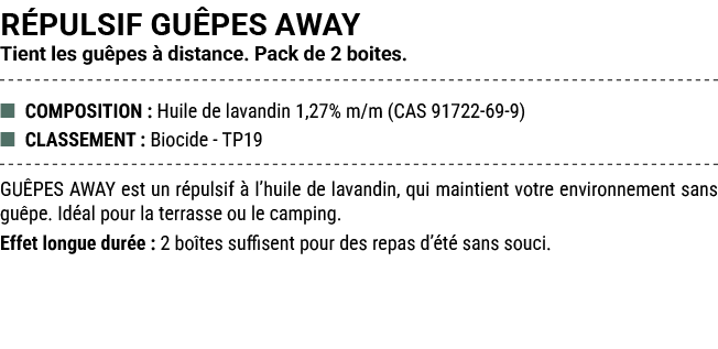 R PULSIF GU PES AWAY Tient les gu pes  distance. Pack de 2 boites. ■ COMPOSITION : Huile de lavandin 1,27% m/m (CAS ...
