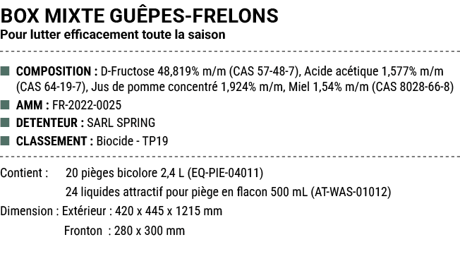 BOX MIXTE GU PES FRELONS Pour lutter efficacement toute la saison ■ COMPOSITION : D Fructose 48,819% m/m (CAS 57 48 7...