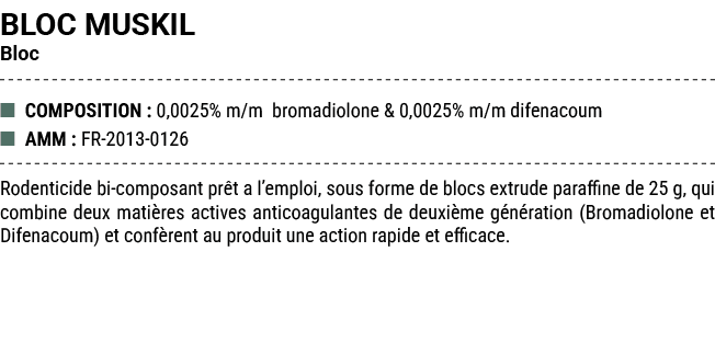 BLOC MUSKIL Bloc ■ COMPOSITION : 0,0025% m/m bromadiolone & 0,0025% m/m difenacoum ■ AMM : FR 2013 0126 Rodenticide b...
