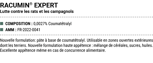 RACUMIN® EXPERT Lutte contre les rats et les campagnols ■ COMPOSITION : 0,0027% Coumat tralyl ■ AMM : FR 2022 0041 No...