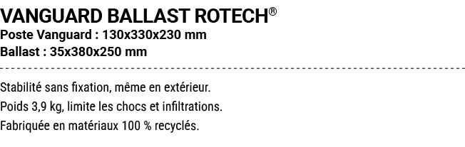 VANGUARD BALLAST ROTECH® Poste Vanguard : 130x330x230 mm Ballast : 35x380x250 mm Stabilit sans fixation, m me en ext...