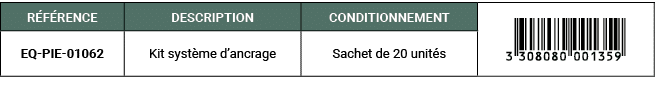 R F RENCE,DESCRIPTION,CONDITIONNEMENT,￼,EQ PIE 01062,Kit syst me d’ancrage,Sachet de 20 unit s