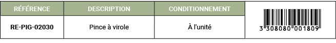 R F RENCE,DESCRIPTION,CONDITIONNEMENT,￼,RE PIG 02030,Pince  virole,  l'unit 