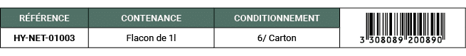 R F RENCE,CONTENANCE,CONDITIONNEMENT,￼,HY NET 01003,Flacon de 1l,6/ Carton