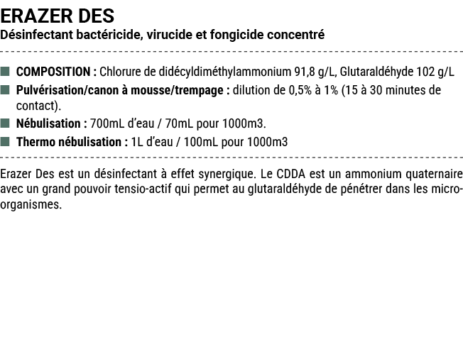 ERAZER DES D sinfectant bact ricide, virucide et fongicide concentr ■ COMPOSITION : Chlorure de did cyldim thylammon...