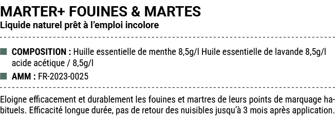 MARTER+ FOUINES & MARTES Liquide naturel pr t  l’emploi incolore ■ COMPOSITION : Huille essentielle de menthe 8,5g/l...