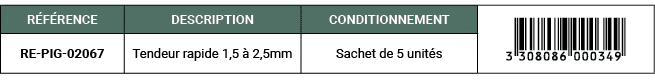R F RENCE,DESCRIPTION,CONDITIONNEMENT,￼,RE PIG 02067,Tendeur rapide 1,5  2,5mm,Sachet de 5 unit s