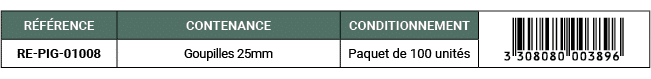 R F RENCE,CONTENANCE,CONDITIONNEMENT,￼,RE PIG 01008,Goupilles 25mm,Paquet de 100 unit s