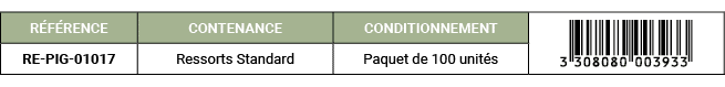 R F RENCE,CONTENANCE,CONDITIONNEMENT,￼,RE PIG 01017,Ressorts Standard,Paquet de 100 unit s