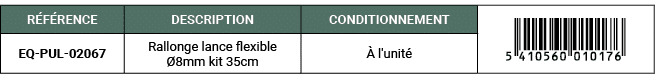 R F RENCE,DESCRIPTION ,CONDITIONNEMENT,￼,EQ PUL 02067,Rallonge lance flexible 8mm kit 35cm,  l'unit 