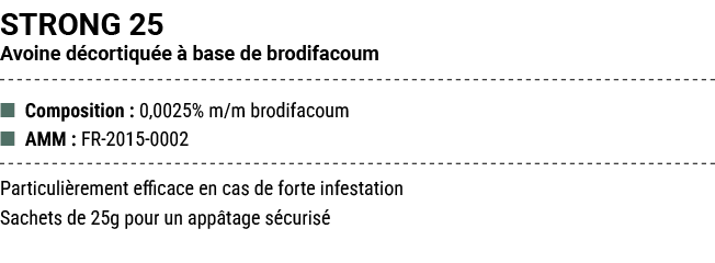 STRONG 25 Avoine d cortiqu e  base de brodifacoum ■ Composition : 0,0025% m/m brodifacoum ■ AMM : FR 2015 0002 Parti...