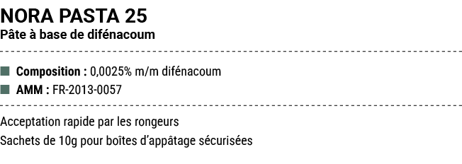 NORA PASTA 25 P te  base de dif nacoum ■ Composition : 0,0025% m/m dif nacoum ■ AMM : FR 2013 0057 Acceptation rapid...