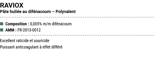 RAVIOX P te huil e au dif nacoum – Polyvalent ■ Composition : 0,005% m/m dif nacoum ■ AMM : FR 2013 0012 Excellent ra...
