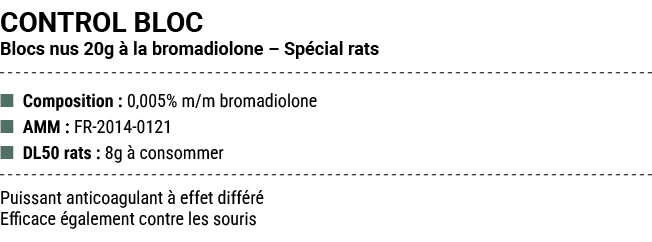 CONTROL BLOC Blocs nus 20g  la bromadiolone – Sp cial rats ■ Composition : 0,005% m/m bromadiolone ■ AMM : FR 2014 0...
