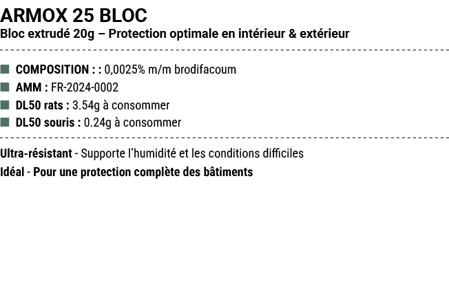 ARMOX 25 BLOC Bloc extrud 20g – Protection optimale en int rieur & ext rieur ■ COMPOSITION : : 0,0025% m/m brodifaco...