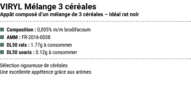 VIRYL M lange 3 c r ales App t compos d’un m lange de 3 c r ales – Id al rat noir ■ Composition : 0,005% m/m brodifa...