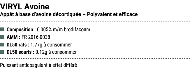 VIRYL Avoine App t  base d’avoine d cortiqu e – Polyvalent et efficace ■ Composition : 0,005% m/m brodifacoum ■ AMM ...