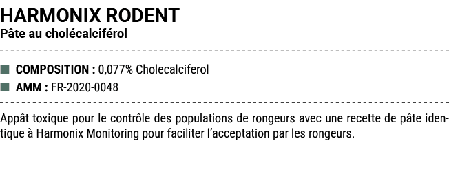 HARMONIX RODENT P te au chol calcif rol ■ COMPOSITION : 0,077% Cholecalciferol ■ AMM : FR 2020 0048 App t toxique pou...