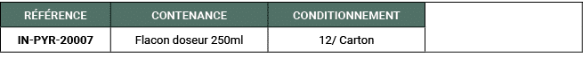R F RENCE,CONTENANCE,CONDITIONNEMENT,,IN PYR 20007,Flacon doseur 250ml,12/ Carton