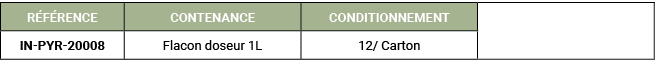 R F RENCE,CONTENANCE,CONDITIONNEMENT,,IN PYR 20008,Flacon doseur 1L,12/ Carton