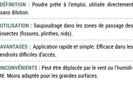 D FINITION : Poudre pr te  l’emploi, utilis e directement sans dilution. UTILISATION : Saupoudrage dans les zones de...