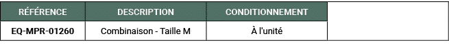 R F RENCE,DESCRIPTION ,CONDITIONNEMENT,,EQ MPR 01260,Combinaison Taille M, l'unit 