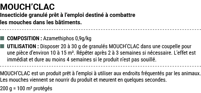 MOUCH’CLAC Insecticide granul pr t   l’emploi destin    combattre les mouches dans les b timents. ■ COMPOSITION : Az...