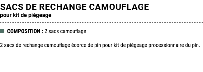 Sacs de rechange camouflage pour kit de pi geage ■ COMPOSITION : 2 sacs camouflage 2 sacs de rechange camouflage cor...