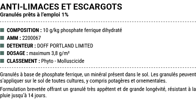 ANTI LIMACES ET ESCARGOTS Granul s pr ts  l’emploi 1% ■ COMPOSITION : 10 g/kg phosphate ferrique dihydrat  ■ AMM : 2...