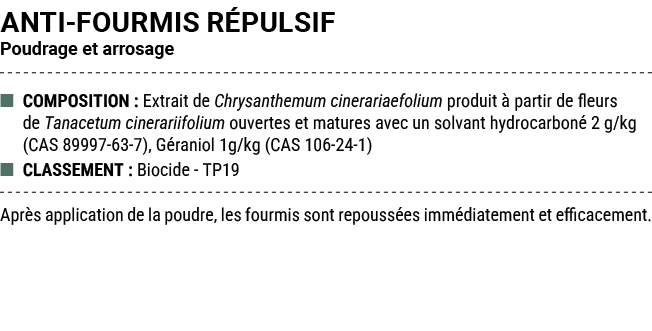 ANTI FOURMIS R PULSIF Poudrage et arrosage ■ COMPOSITION : Extrait de Chrysanthemum cinerariaefolium produit  partir...