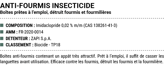 ANTI FOURMIS INSECTICIDE Bo tes pr tes  l’emploi, d truit fourmis et fourmili res ■ COMPOSITION : Imidaclopride 0,02...