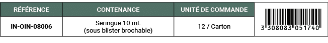 R F RENCE,CONTENANCE,UNIT DE COMMANDE,￼,IN OIN 08006,Seringue 10 mL (sous blister brochable),12 / Carton