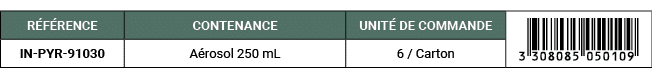 R F RENCE,CONTENANCE,UNIT DE COMMANDE,￼,IN PYR 91030,A rosol 250 mL,6 / Carton