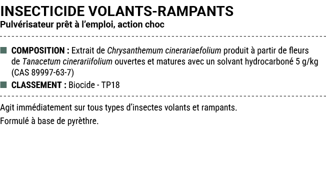 INSECTICIDE VOLANTS RAMPANTS Pulv risateur pr t  l’emploi, action choc ■ COMPOSITION : Extrait de Chrysanthemum cine...