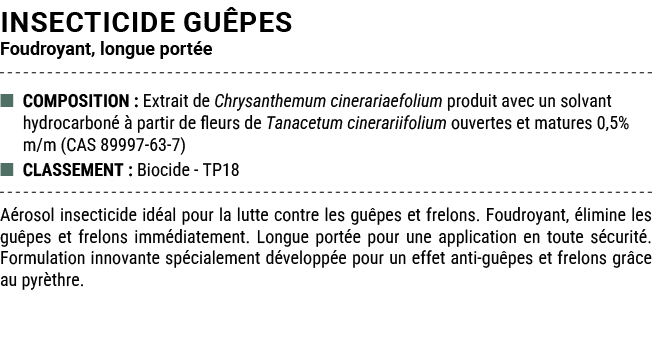 INSECTICIDE GU PES Foudroyant, longue port e ■ COMPOSITION : Extrait de Chrysanthemum cinerariaefolium produit avec u...