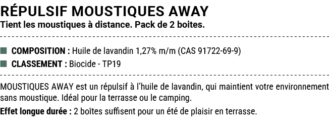 R PULSIF MOUSTIQUES AWAY Tient les moustiques  distance. Pack de 2 boites. ■ COMPOSITION : Huile de lavandin 1,27% m...