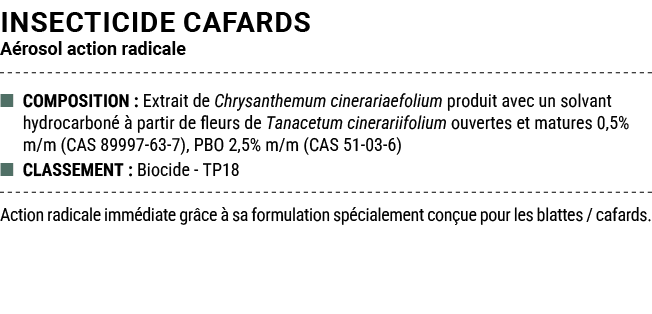 INSECTICIDE CAFARDS A rosol action radicale ■ COMPOSITION : Extrait de Chrysanthemum cinerariaefolium produit avec un...