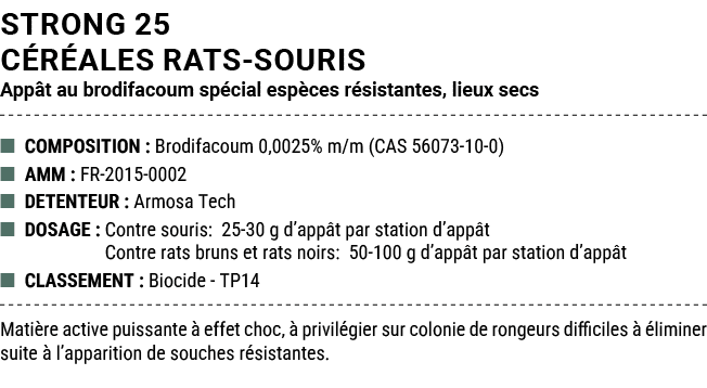 STRONG 25 C R ALES RATS SOURIS App t au brodifacoum sp cial esp ces r sistantes, lieux secs ■ COMPOSITION : Brodifaco...