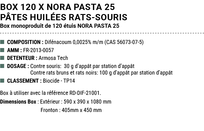 BOX 120 x NORA PASTA 25 P TES HUIL ES RATS SOURIS Box monoproduit de 120 tuis NORA PASTA 25 ■ COMPOSITION : Dif naco...