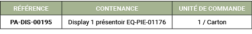 R F RENCE,CONTENANCE,UNIT DE COMMANDE,PA DIS 00195,Display 1 pr sentoir EQ PIE 01176,1 / Carton
